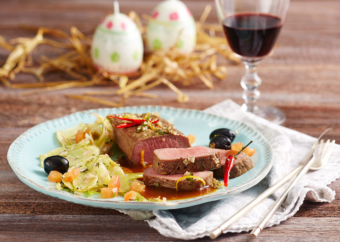 Marinated saddle of lamb with fennel and olives for Easter