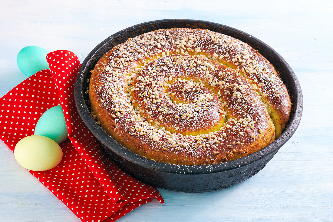 Bavarian Easter bread filled with hazelnuts, raisins, sugar and rum