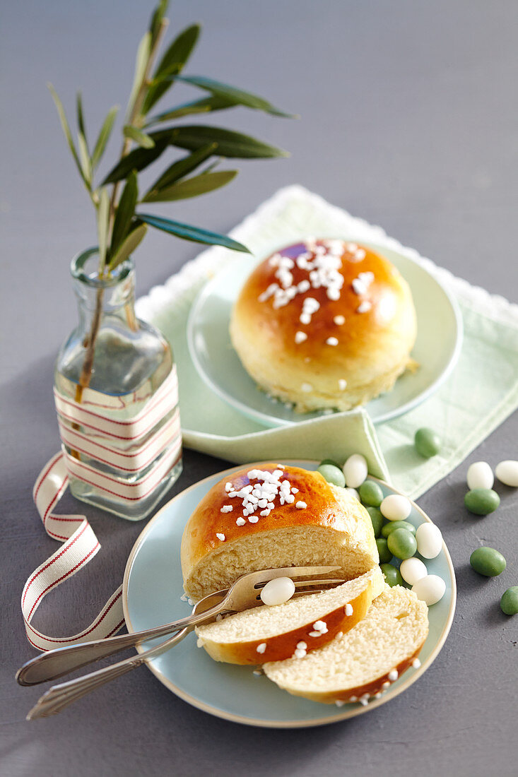 Sweet buns with sugar nibs for Easter