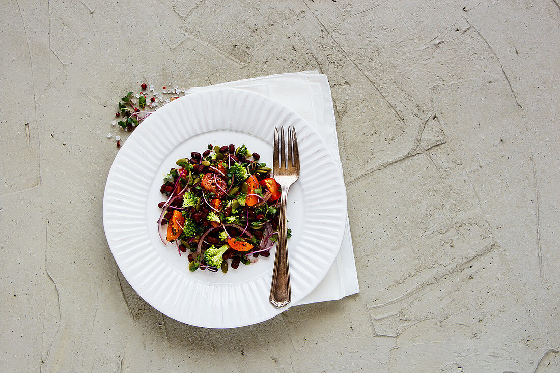 Veganer, energiereicher Salat mit Bohnen, Brokkoli, Tomaten, roter Zwiebel, Sprossen und Kürbiskernen