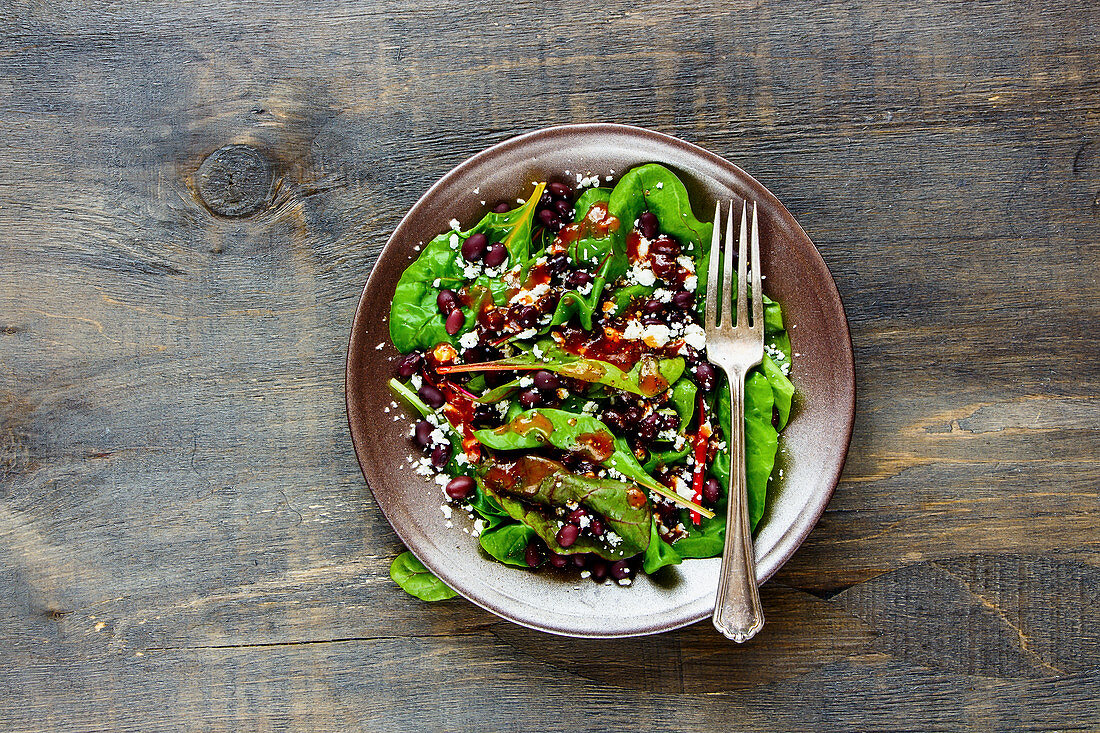 Organic energy boosting salad with beans, feta cheese, lettuce and honey dressing