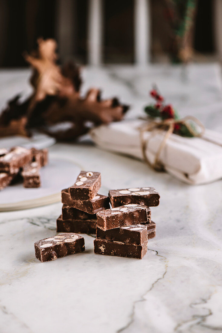 Table with chocolate nougat sweets