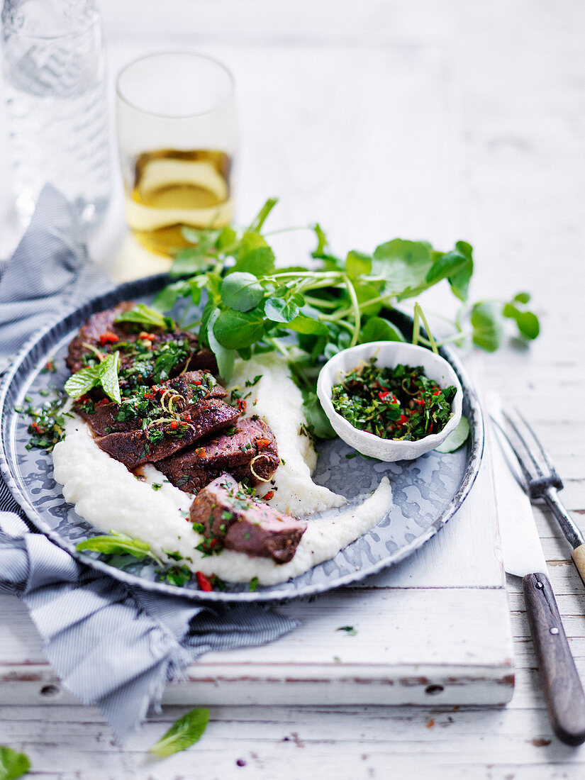 Quick Spice-Rubbed Lamb with Cauliflower Puree