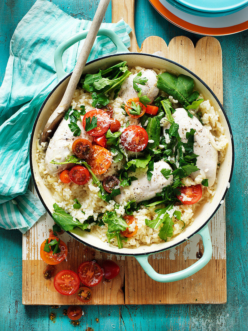 Oven Baked Risotto with Chicken, Rocket and Semi Dried Tomatoes