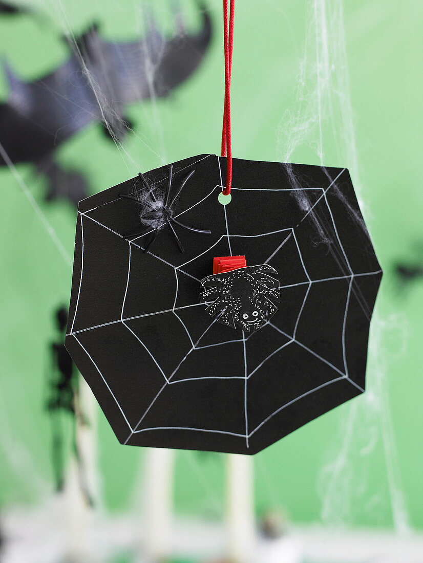 Dekoration zu Halloween: Schwarzes Spinnennetz mit Spinne