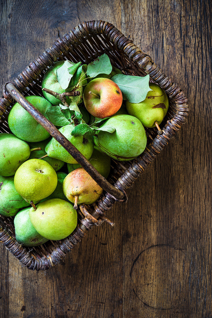 Gartenbirnen und ein Apfel im Korb