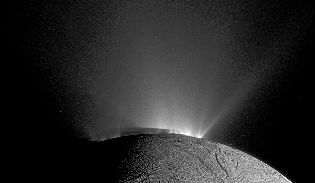 Enceladus polar geysers, Cassini image