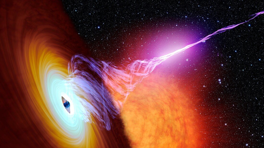 Black hole with accretion disc and plasma jet, illustration