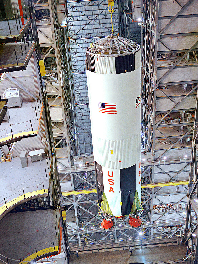 Saturn V first stage erection, 1967