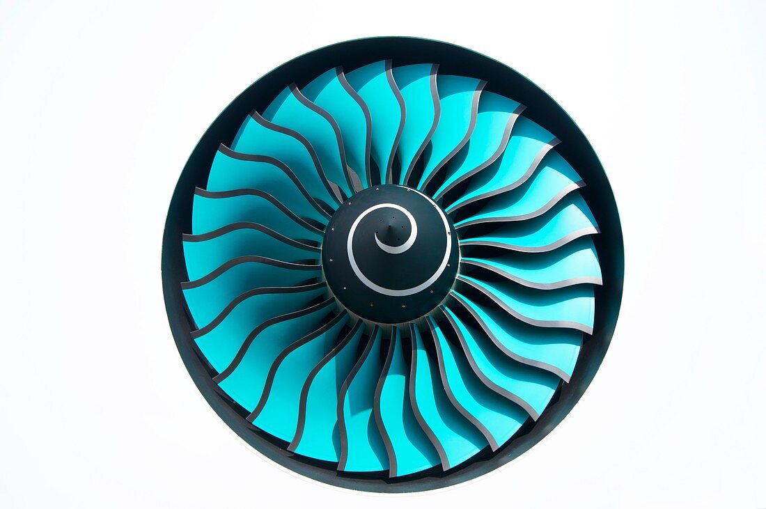 Aircraft engine fan in white wall