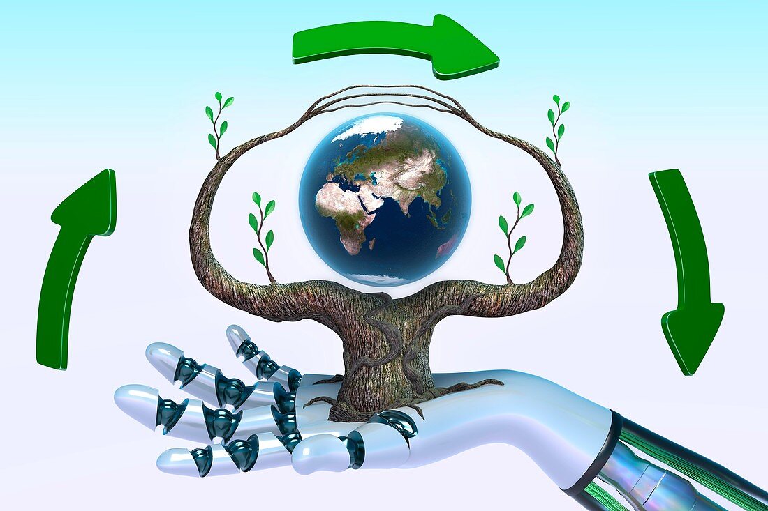 Robots caring for the Earth, conceptual illustration