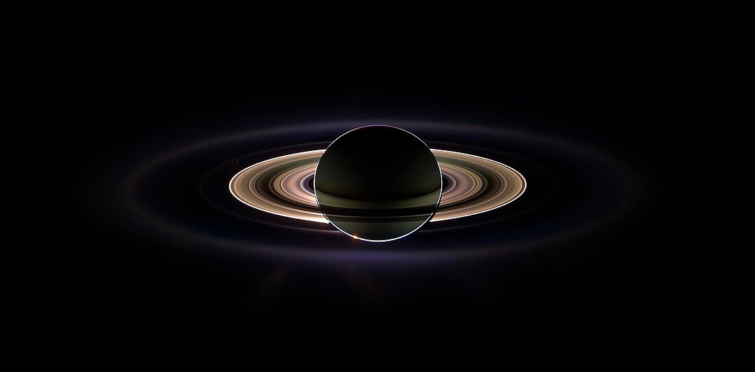 Saturn and its rings, backlit Cassini image