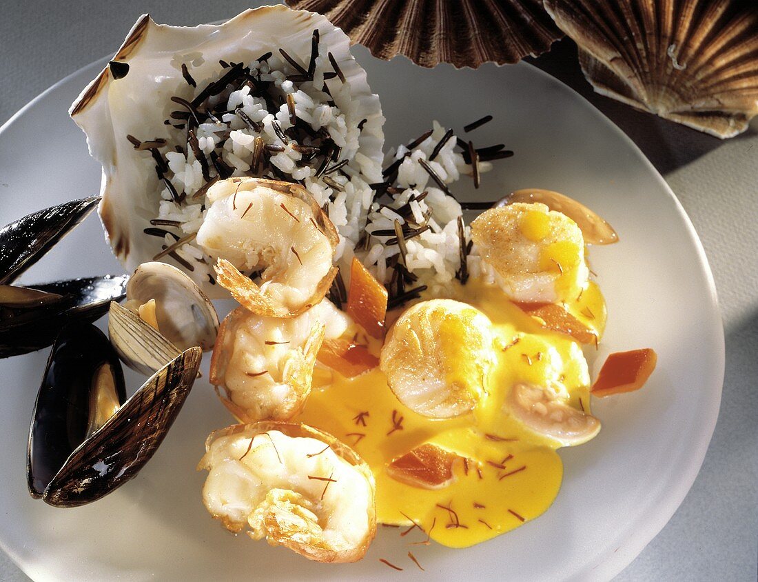 Shrimp and Scallops; Mussels with Saffron Sauce and Wild Rice