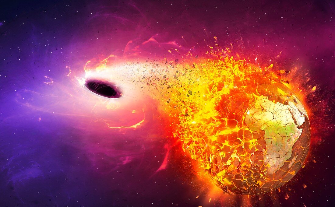 Black hole destroying Earth, illustration