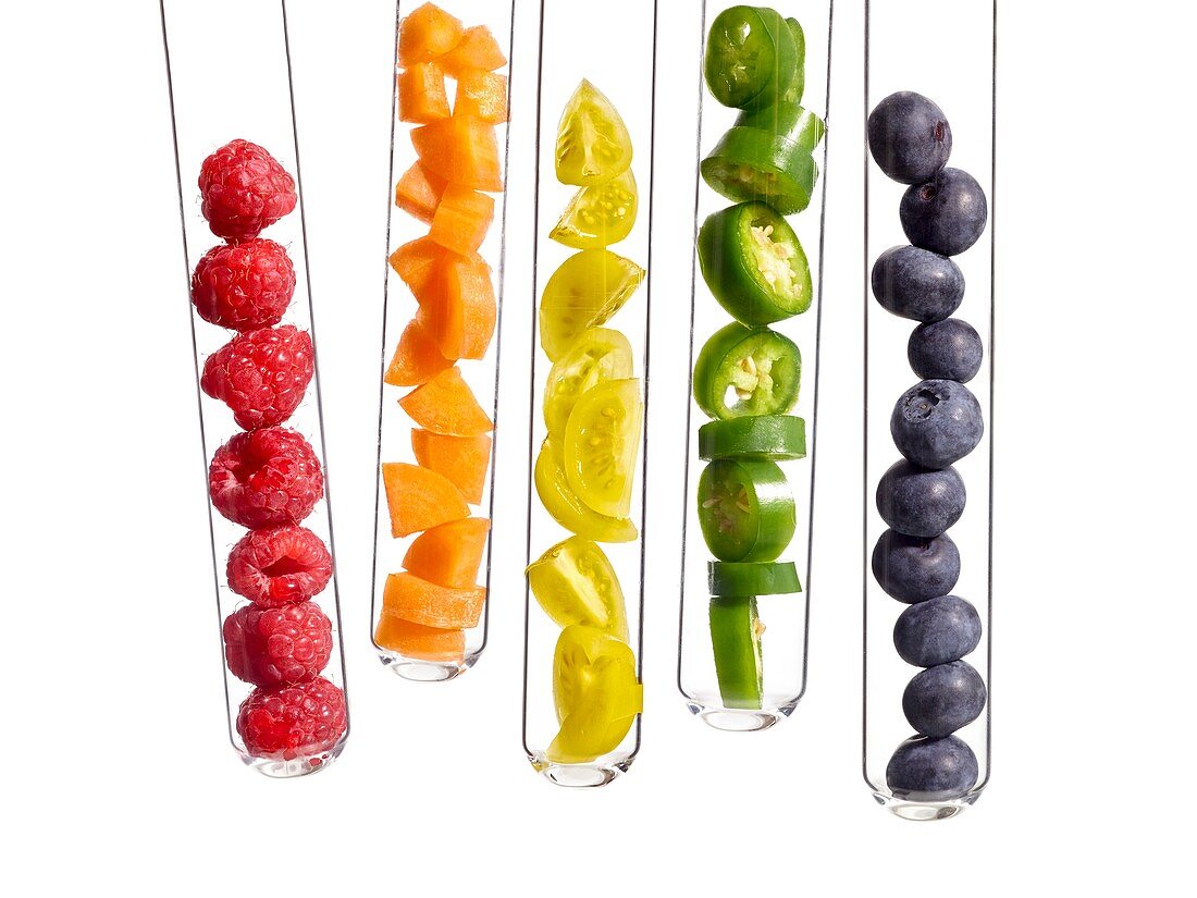 Fruits and vegetables in test tubes