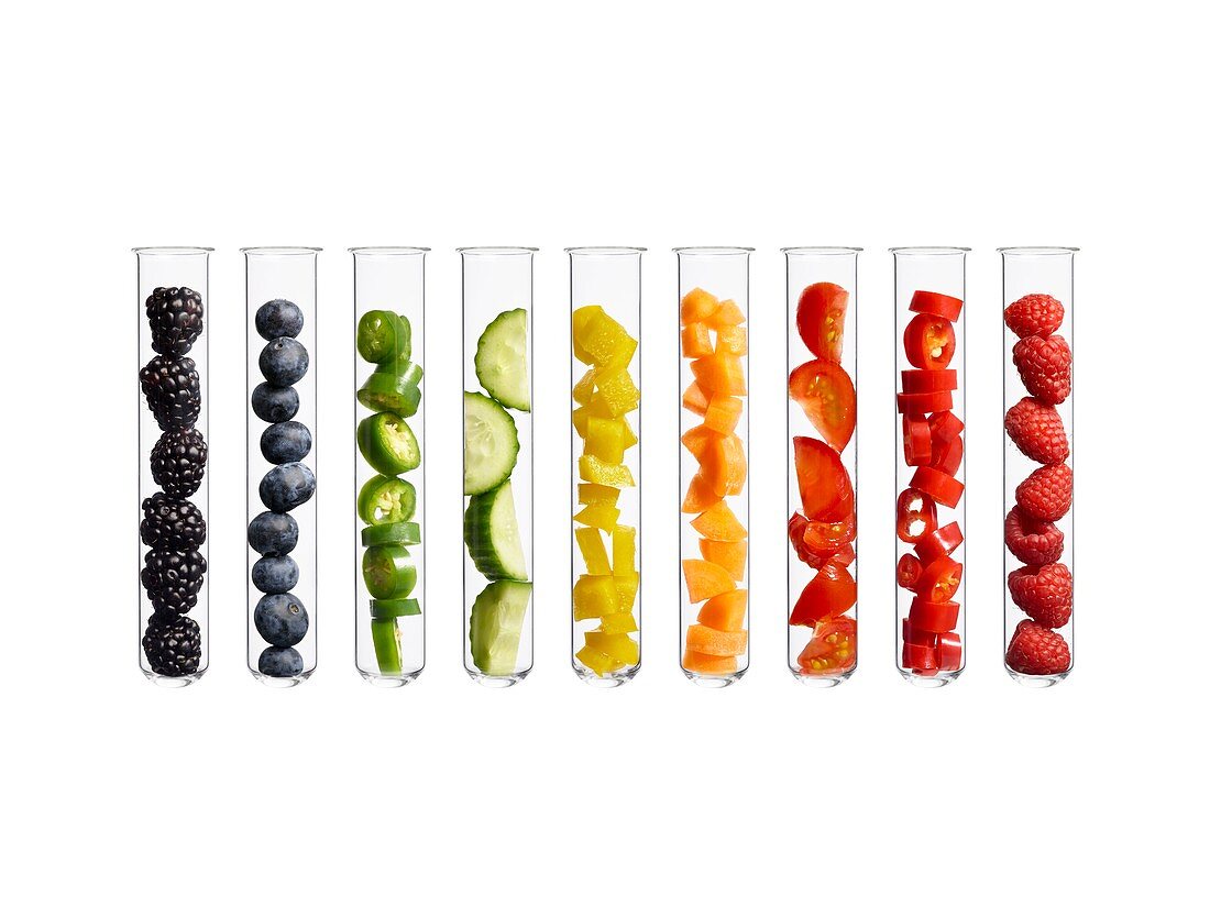 Fruits and vegetables in test tubes