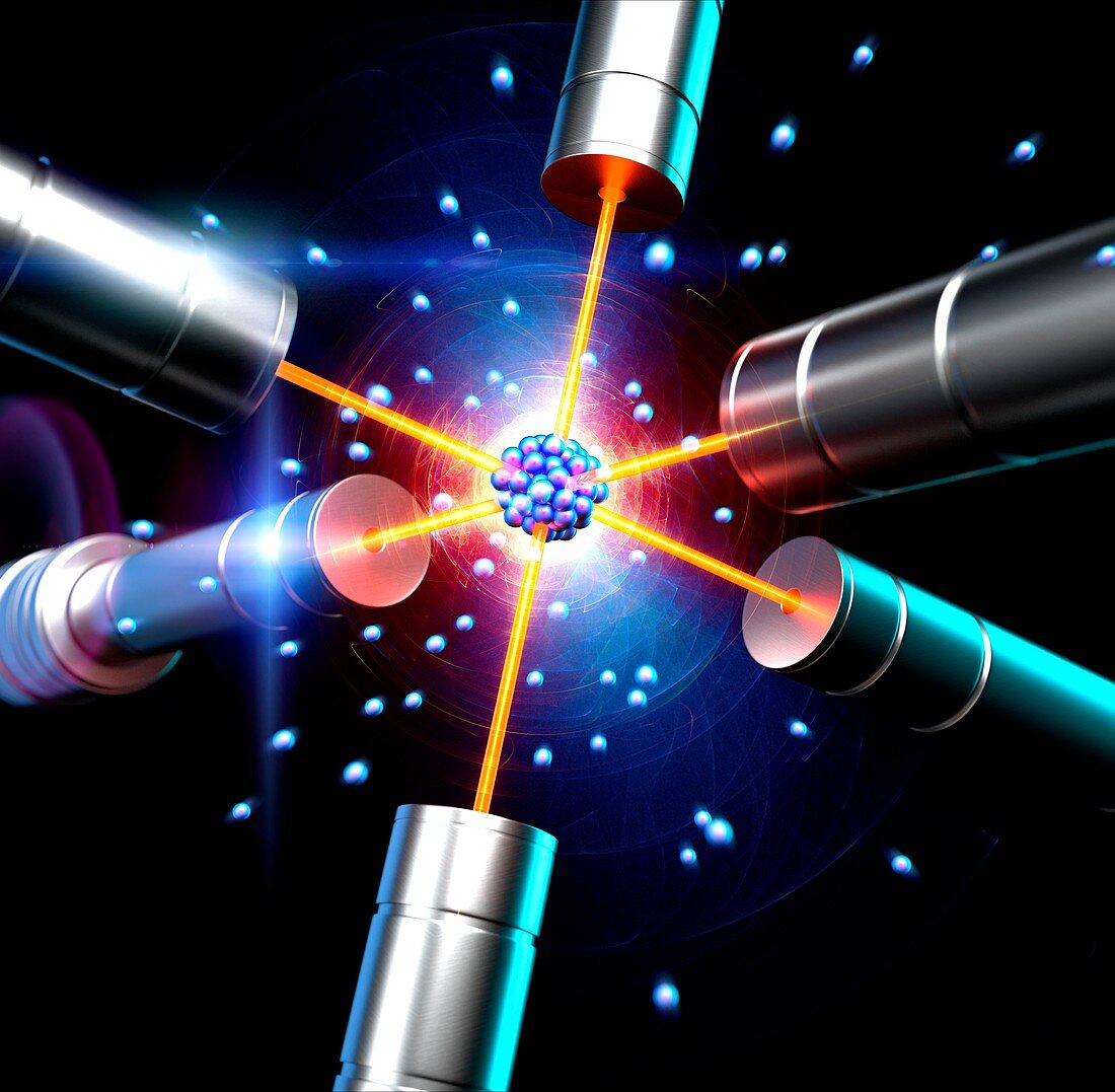 Atom suspended by lasers, illustration