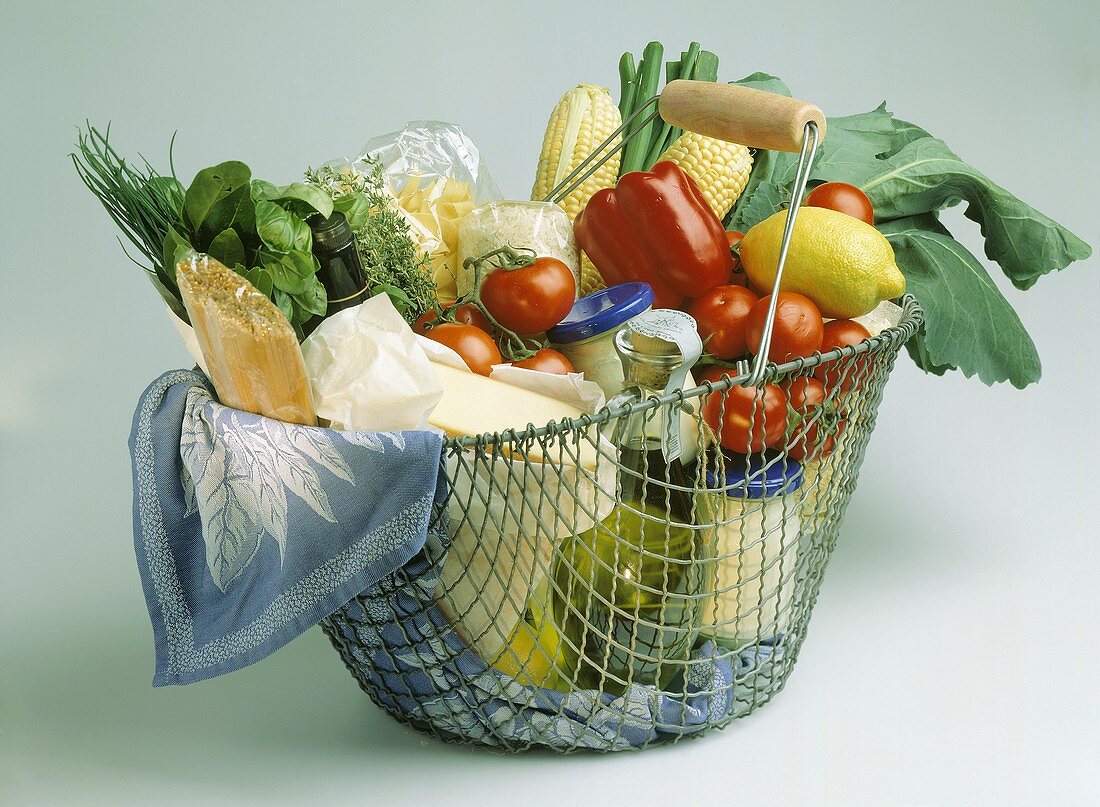 Wire Basket Filled with Groceries