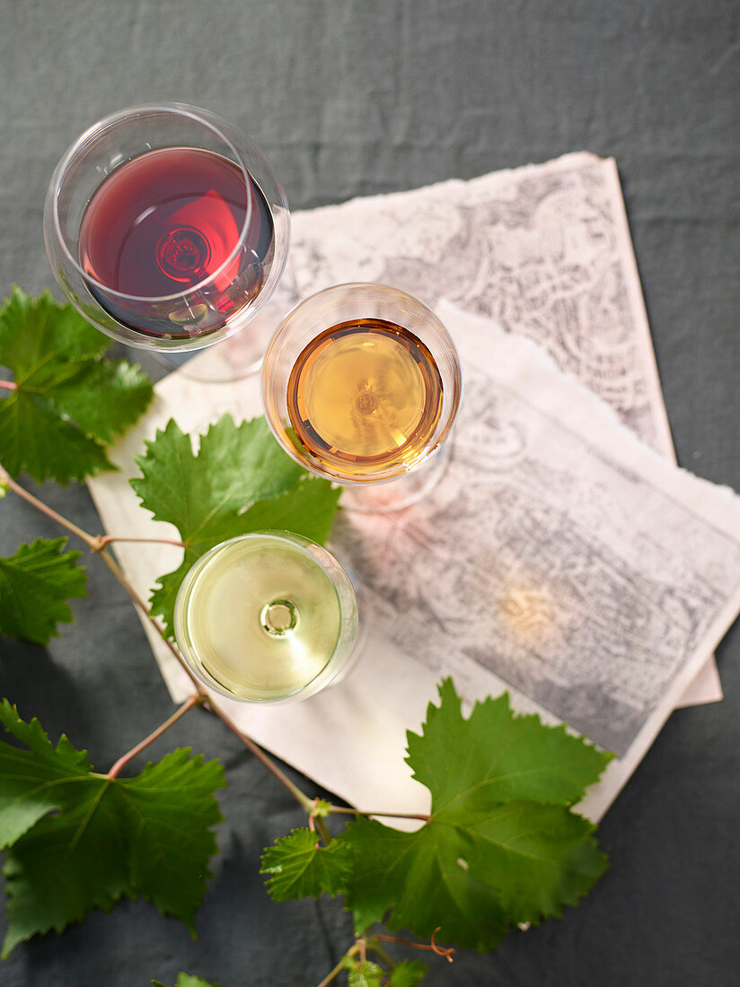 Rotwein, Weißwein und Passito im Glas