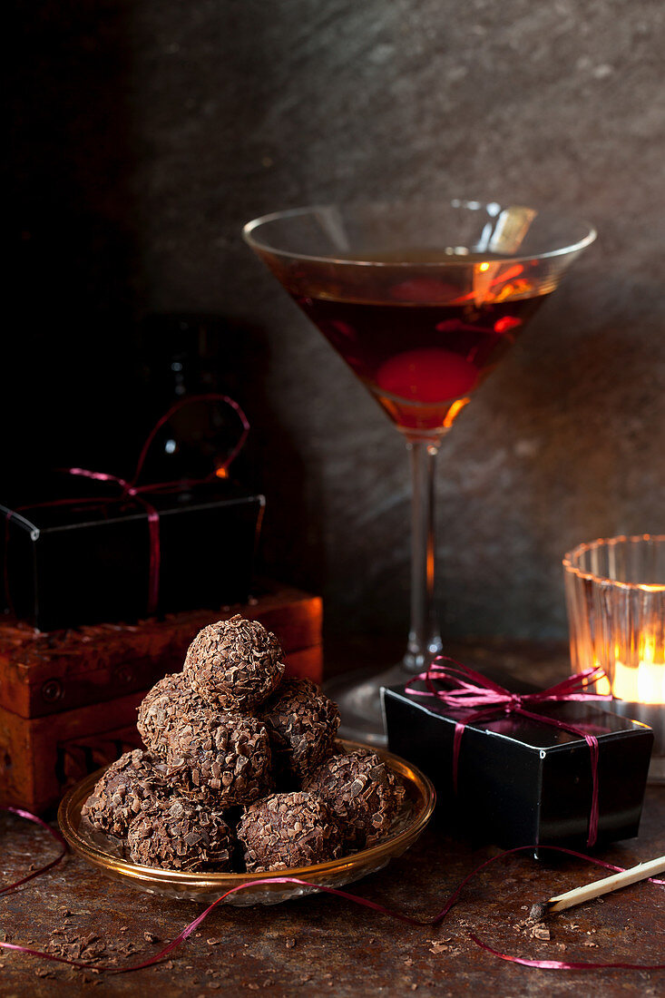 Bourbon Manhattan Truffles with classic Manhattan Cocktail