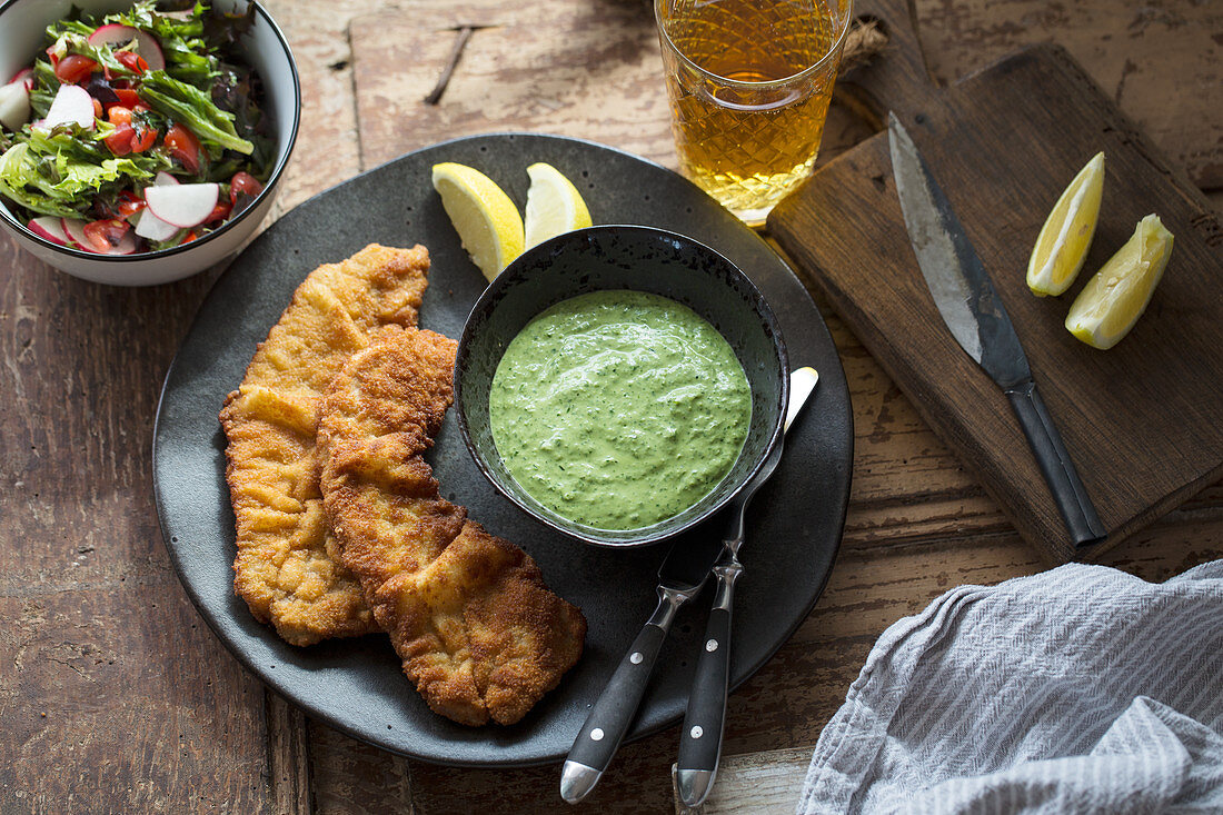 Pork escalope with green sauce and apple wine (Hesse, Germany)