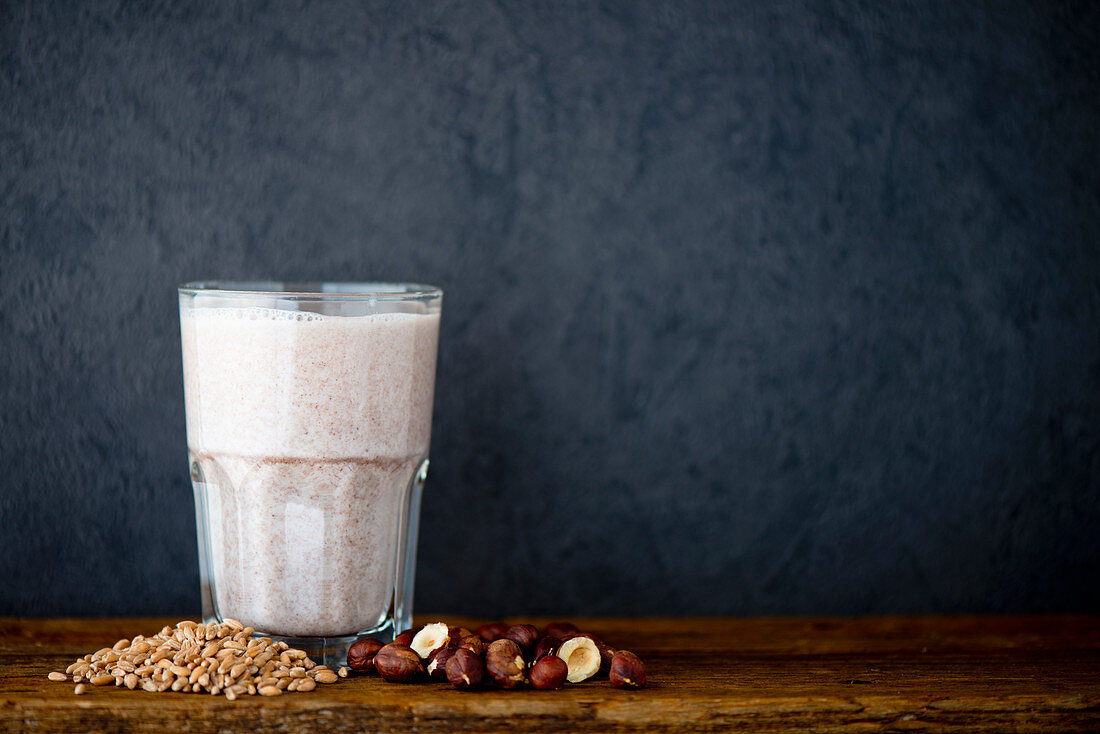 A protein shake made with spelt and hazelnut milk