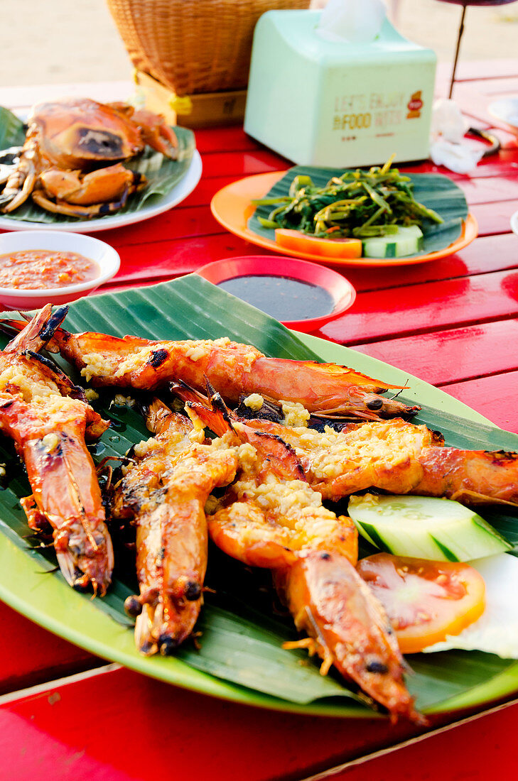 Spicy butterflied king prawns with chili and Ginger in Bali