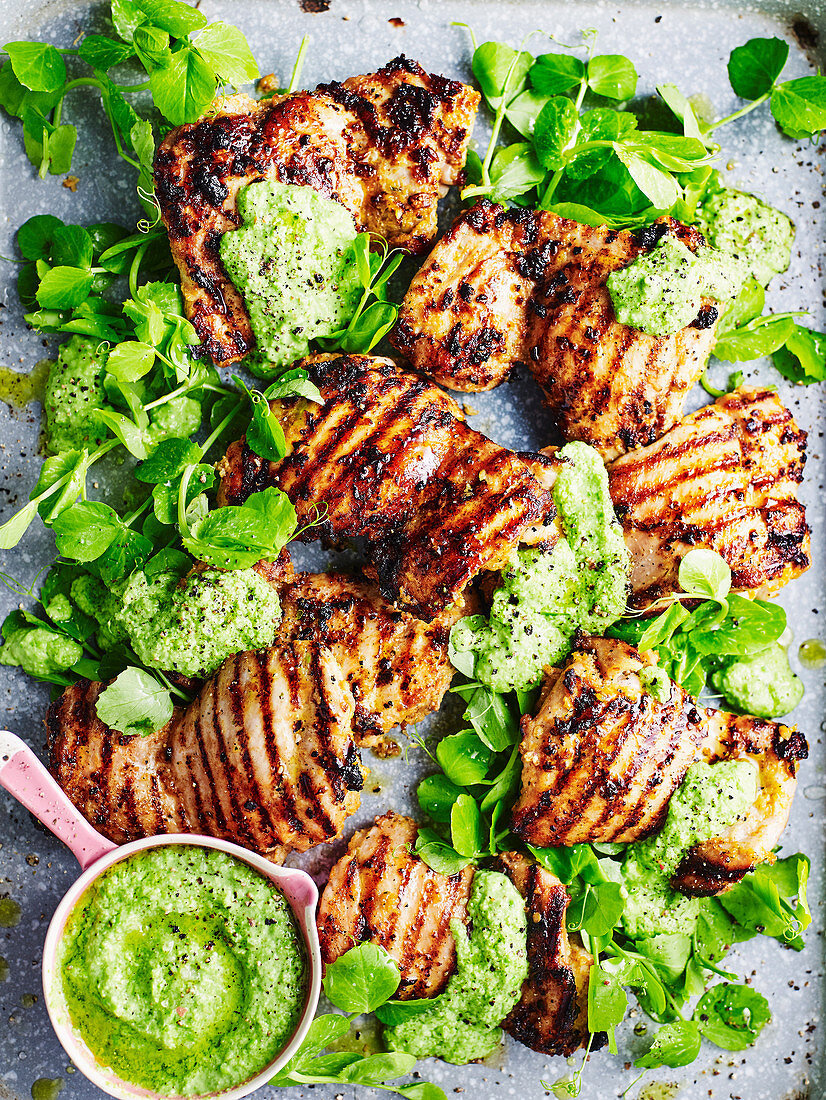 Barbecued Chermoulla Chicken with Pea Puree