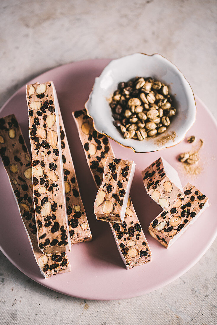 Chocolate and coffee bean nougat