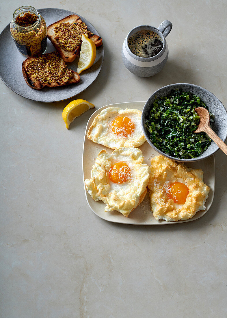 Egg clouds with coconut creamed kale and glutenfree mustard toast