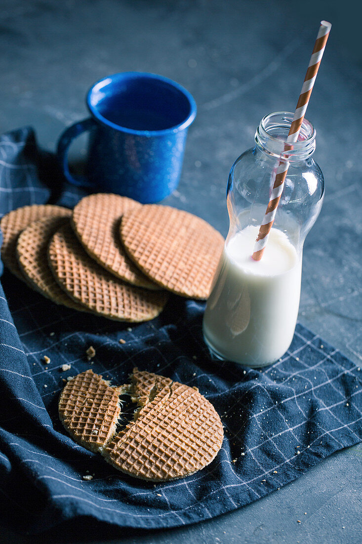 Toffee waffle biscuits with milk