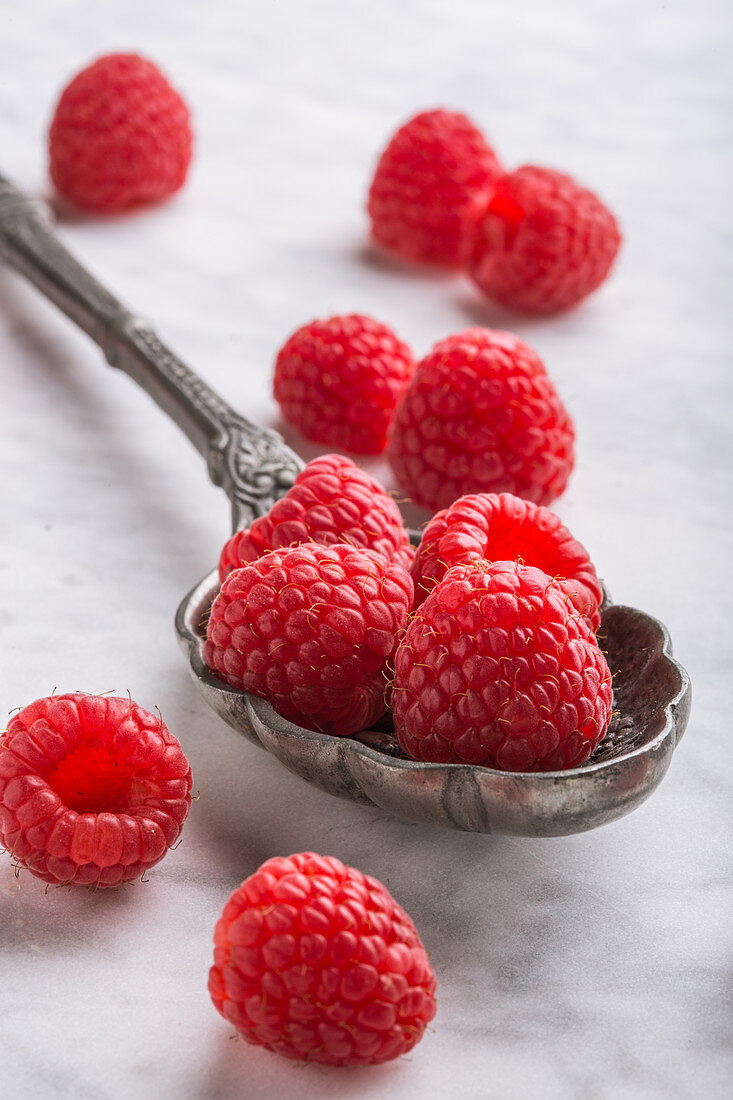 Raspberries on vintage spoon