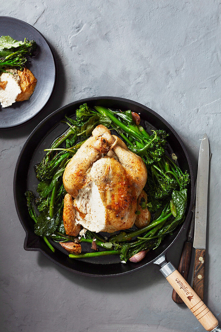 Roast Chicken with anchovy butter and greens (One pot wonder)