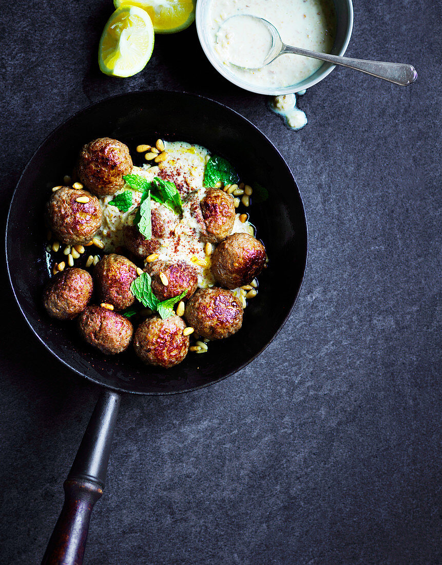 Lamb meatballs with tahini and pine nut sauce