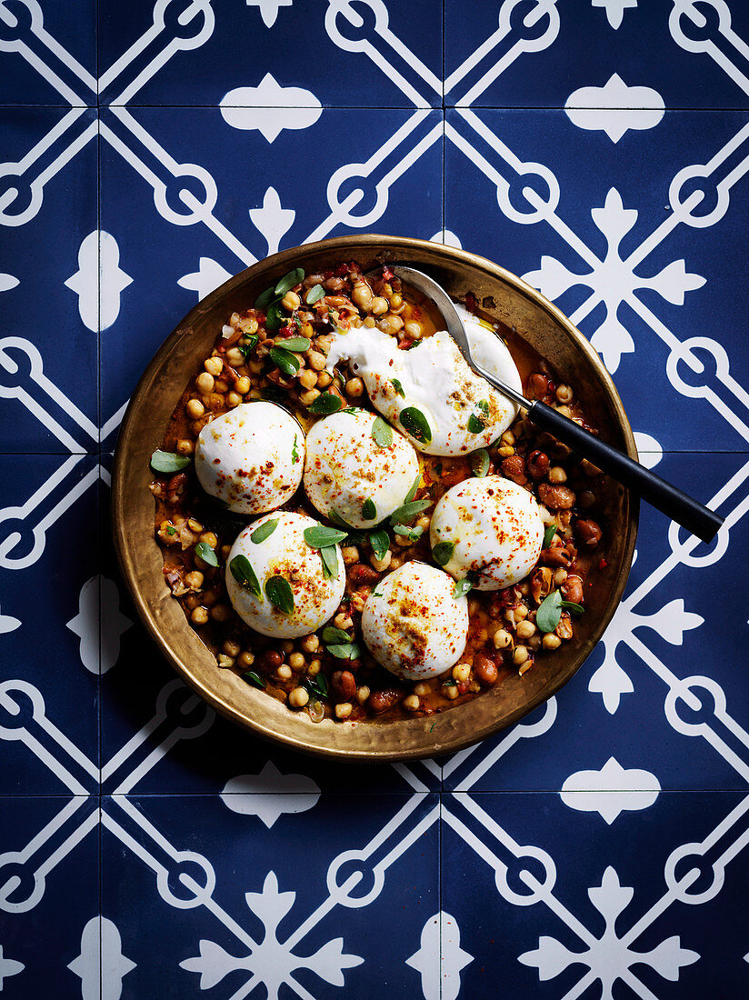 Burrata with broad beans and chickpea stew