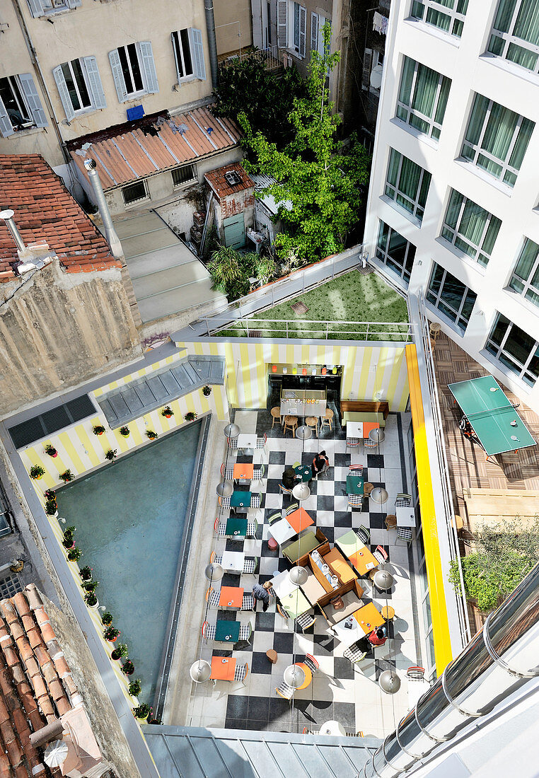 View down onto restaurant on roof terrace
