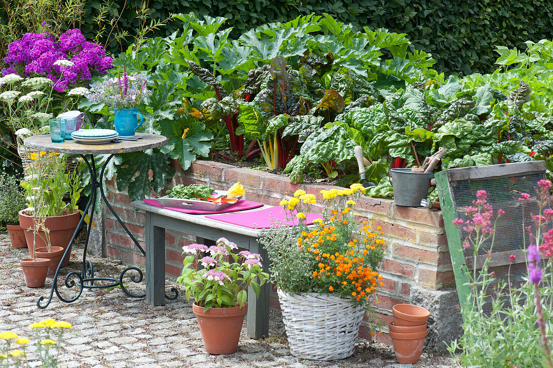 Bench on a brick raised bed with vegetables