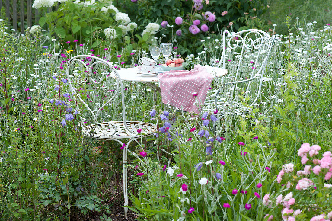 Small seat between shrubs in the bed