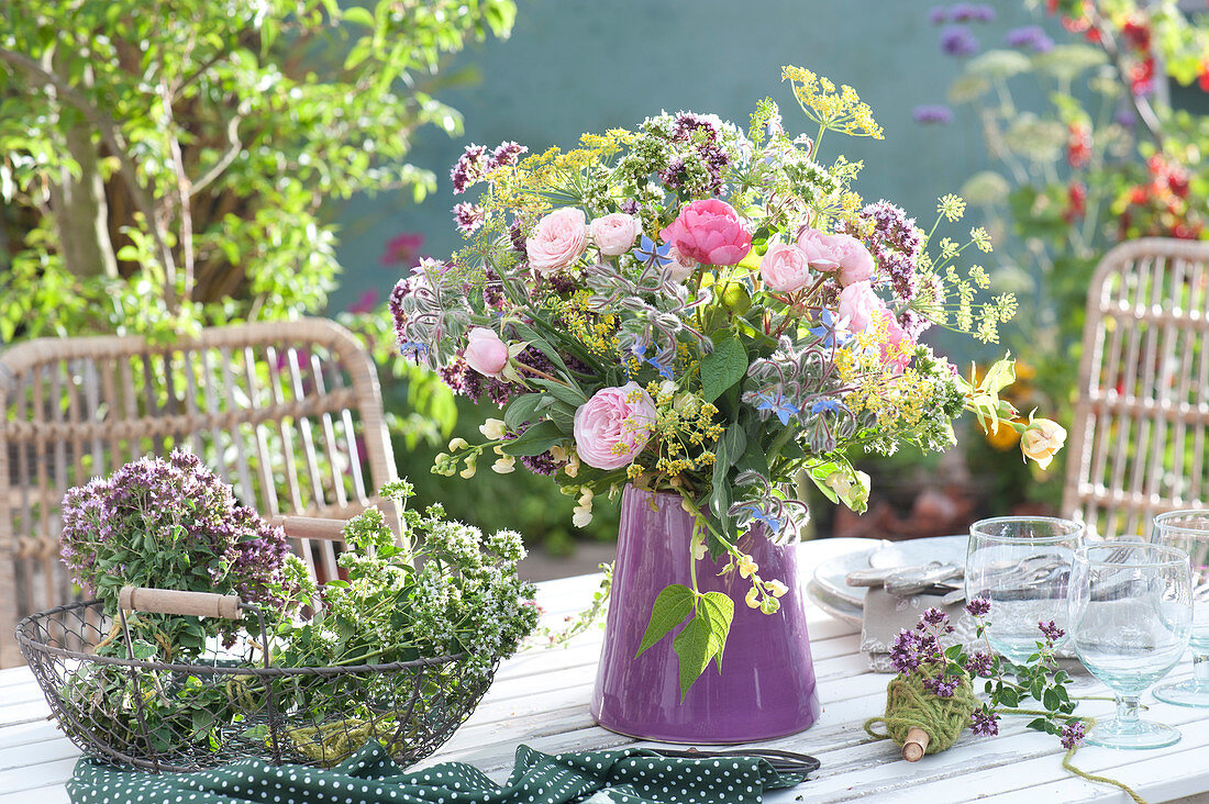 Bouquet of roses and flowering herbs