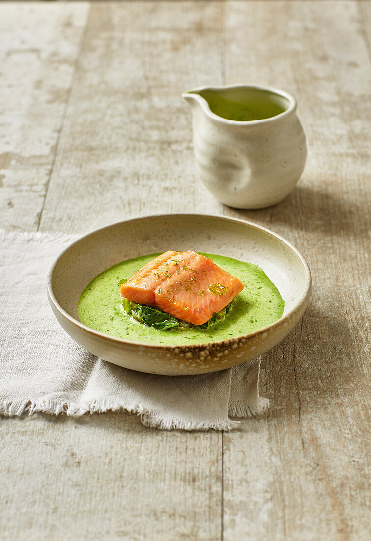 Lettuce soup with ginger and brook trout