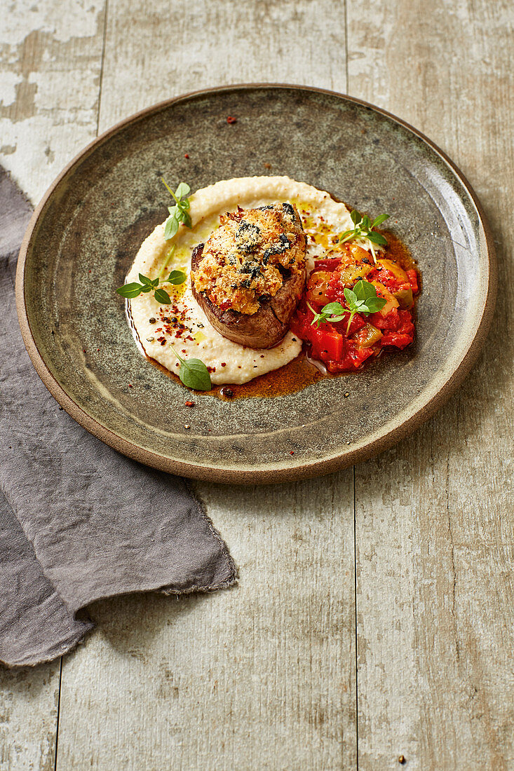 Veal fillet with an olive and tomato crust on a peperonata medley
