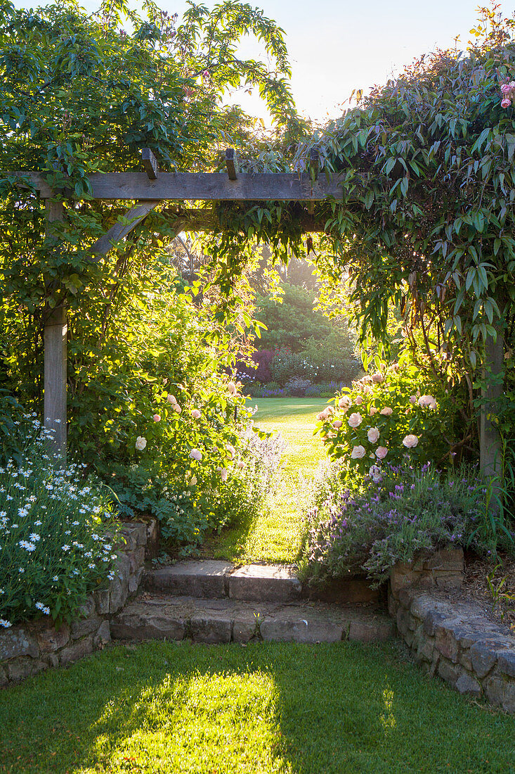 Wooden trellis in a landscaped garden