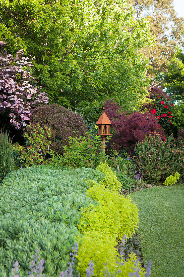 Bird feeder in a landscaped garden