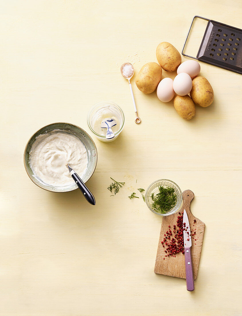 Ingredients for potato waffles with salmon and mustard sauce