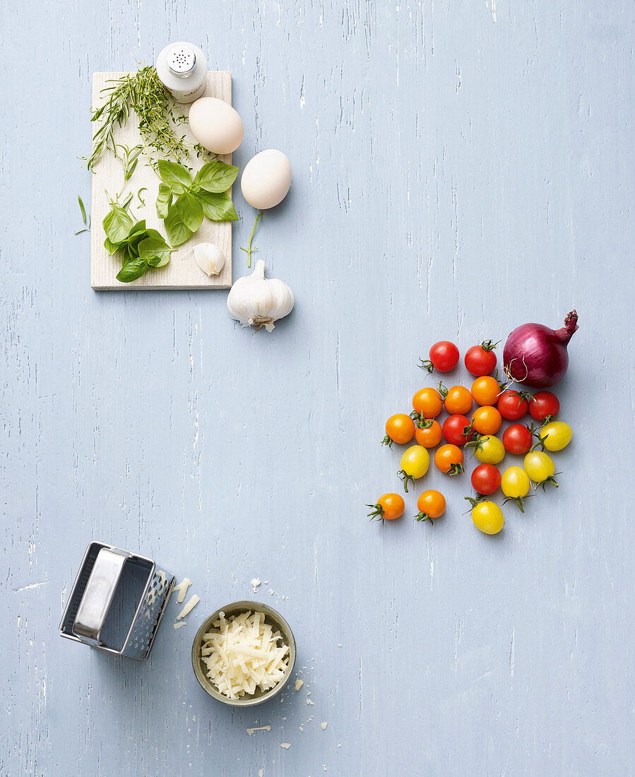 Ingredients for herb waffles with a bruschetta topping