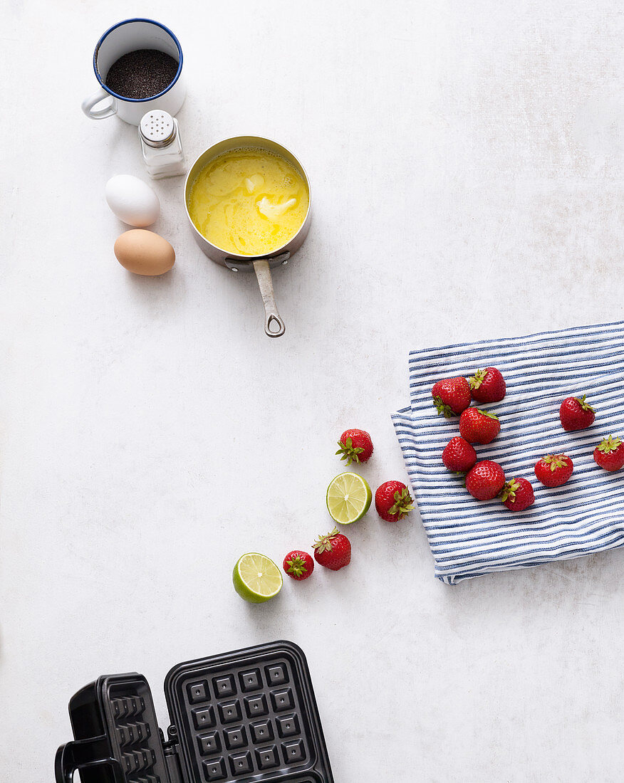 Ingredients for poppy-seed waffle with quick jam