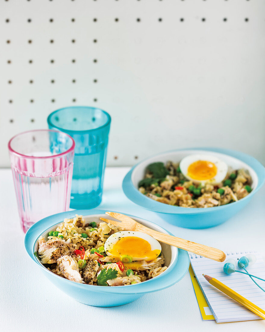 Lentil and brown rice kedgeree with mackerel