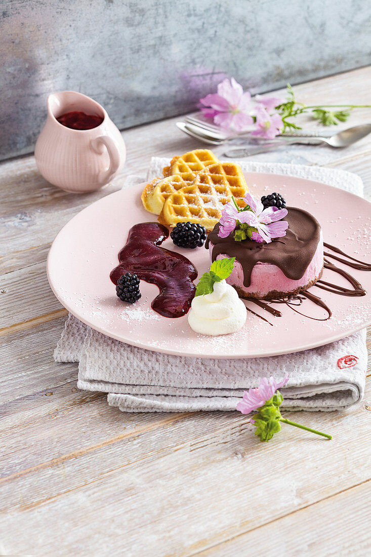 Frozen blackberry yogurt cake with waffles
