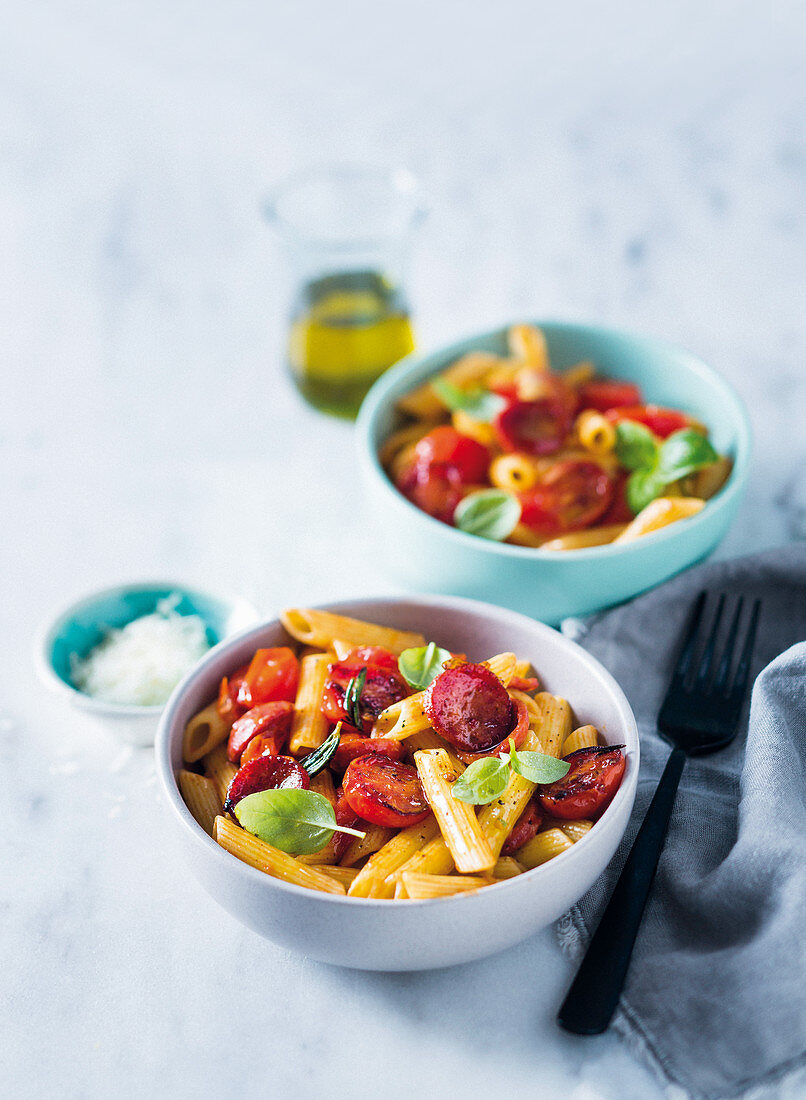Penne with tomatoes and chorizo