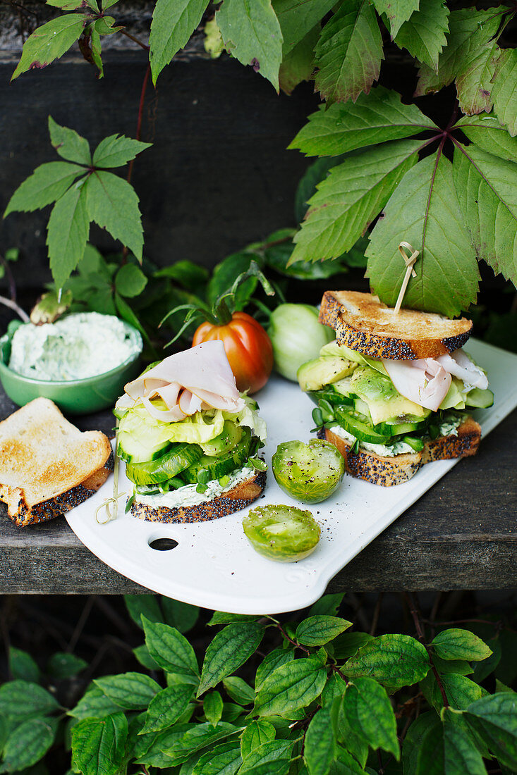 Sourdough sandwiches with green vegetables and smoked turkey